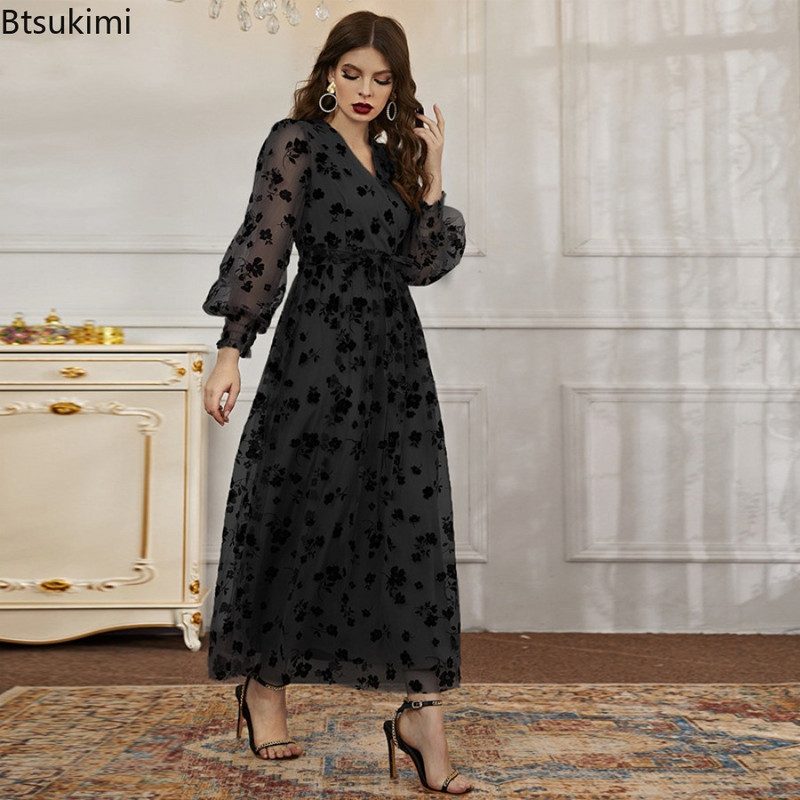 Tavaszi marokkói ruha muzulmán csipke nyomott abaya női elegáns estélyi ruhák Dubai Törökország Kaftan köntös Femme Vestidos