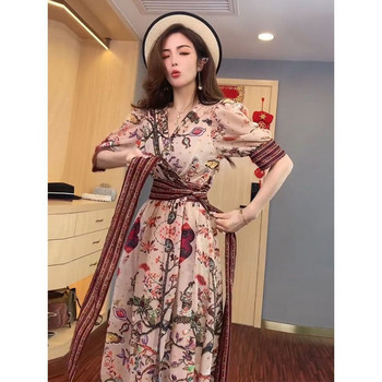 Корейска модна рокля с буф ръкав на цветя, свободна талия и превръзка, нови дамски летни рокли, елегантни ежедневни миди vestidos mujer