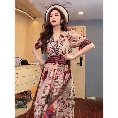 Κορεάτικη μόδα Puff μανίκι Floral φόρεμα Φαρδιά μέση με επίδεσμο Νέα γυναικεία καλοκαιρινά φορέματα Κομψά casual Midi Vestidos Mujer