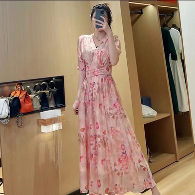 Κορεάτικη μόδα Puff μανίκι Floral φόρεμα Φαρδιά μέση με επίδεσμο Νέα γυναικεία καλοκαιρινά φορέματα Κομψά casual Midi Vestidos Mujer