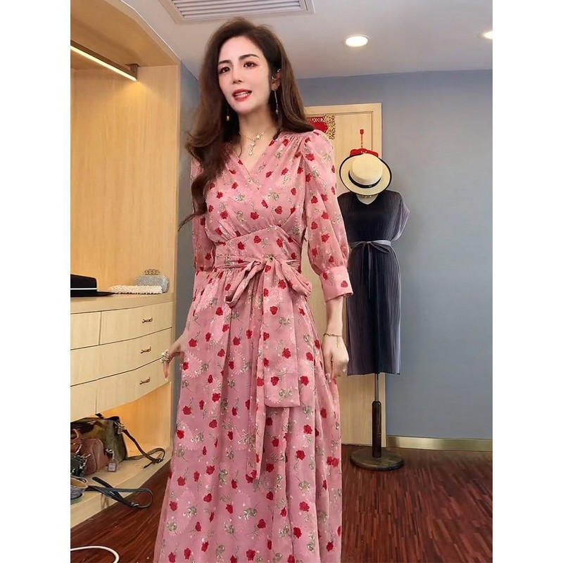 Koreai divat puff ujjú virágos ruha laza derék kötéssel Új nyári női ruhák Elegáns alkalmi Midi Vestidos Mujer