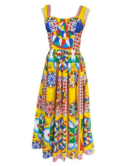 Suvepuhkus rannaspagetirihmaga kleit naiste puuvillast polsterdatud tass Colorblock trükiga tõmblukk elastne seljata Midi Vestidos