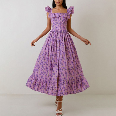 Női szexi szögletes gallér szegély Boho hosszú ruha tavaszi nyomat gombos, vonalas parti ruha nyári puff ujjú fodros ünnepi maxi ruha