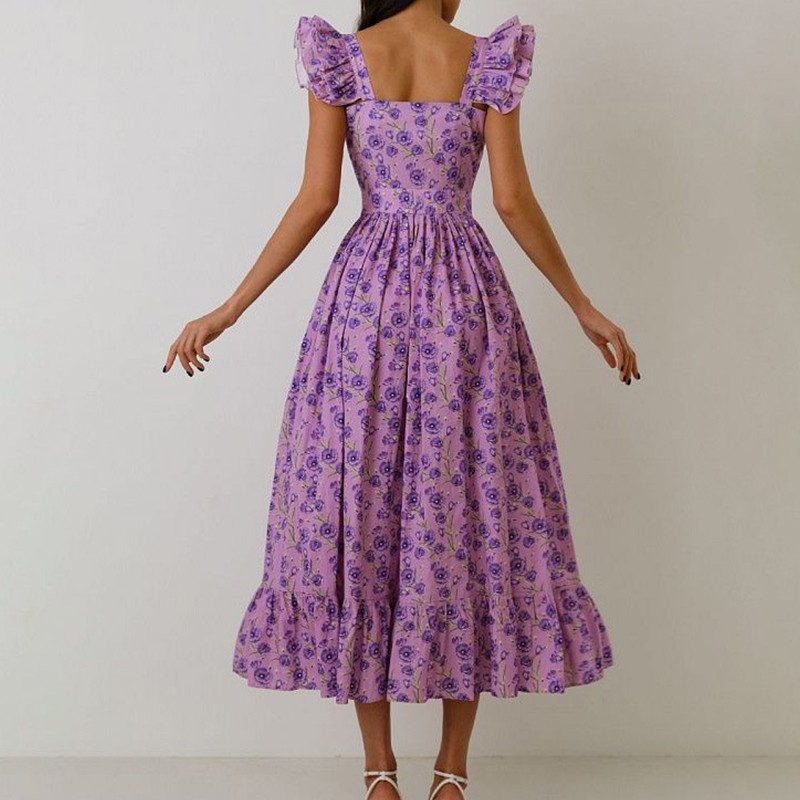 Női szexi szögletes gallér szegély Boho hosszú ruha tavaszi nyomat gombos, vonalas parti ruha nyári puff ujjú fodros ünnepi maxi ruha