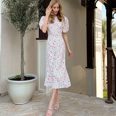 Elegáns divat, virágmintás karcsú ruha női elegáns és csinos női ruhák nyári köntös Femme O nyakú puffos ujjú Midi Vestidos