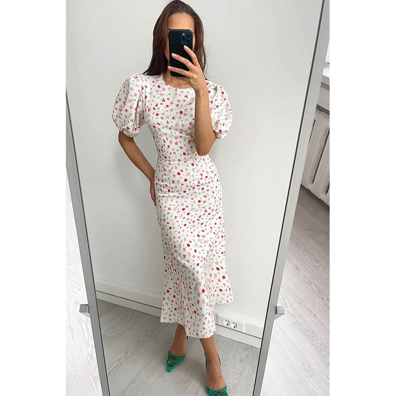 Elegáns divat, virágmintás karcsú ruha női elegáns és csinos női ruhák nyári köntös Femme O nyakú puffos ujjú Midi Vestidos