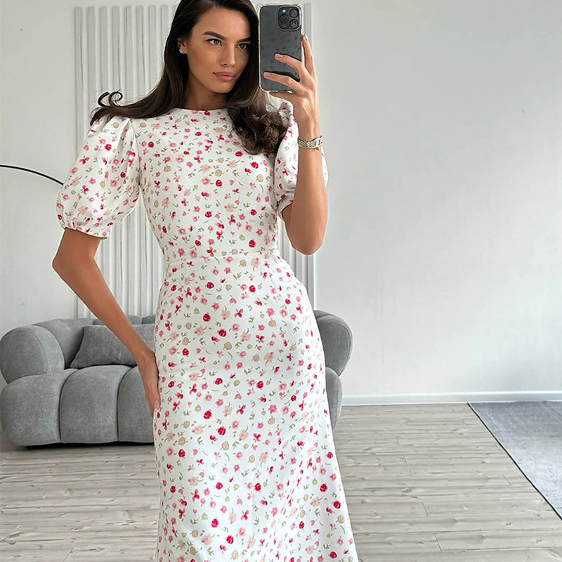 Elegáns divat, virágmintás karcsú ruha női elegáns és csinos női ruhák nyári köntös Femme O nyakú puffos ujjú Midi Vestidos