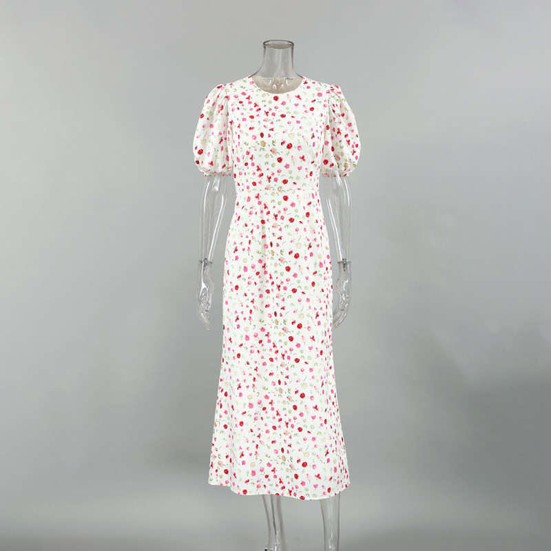 Elegáns divat, virágmintás karcsú ruha női elegáns és csinos női ruhák nyári köntös Femme O nyakú puffos ujjú Midi Vestidos