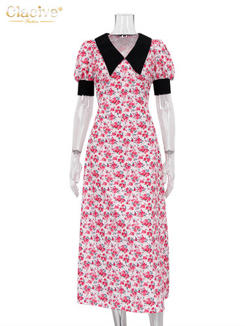 Clacive Летен печат Bodycon Dress Дамска модна яка за кукли Миди рокля с къс ръкав Елегантни рокли с висока талия за жени 2023 г.