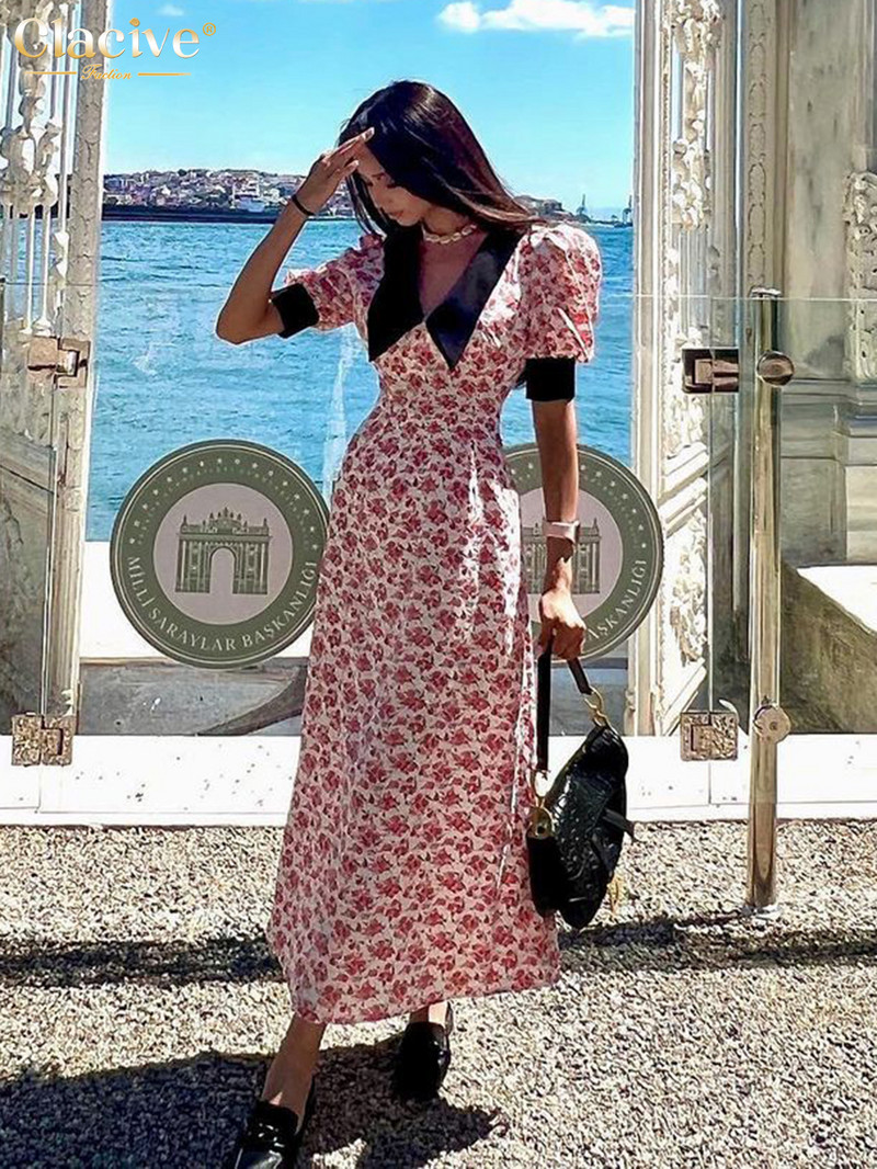 Clacive Summer Print Bodycon ruha női divat baba gallér rövid ujjú midi ruha Elegáns, magas derekú női ruhák 2023