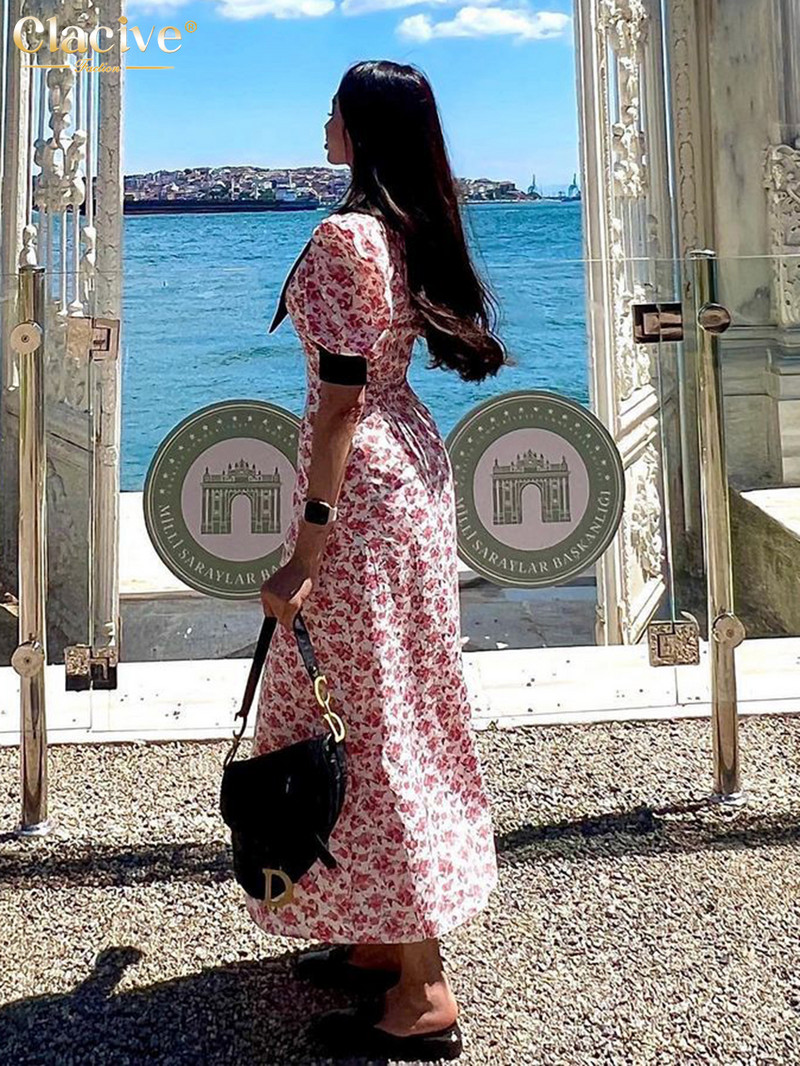 Clacive Summer Print Bodycon ruha női divat baba gallér rövid ujjú midi ruha Elegáns, magas derekú női ruhák 2023