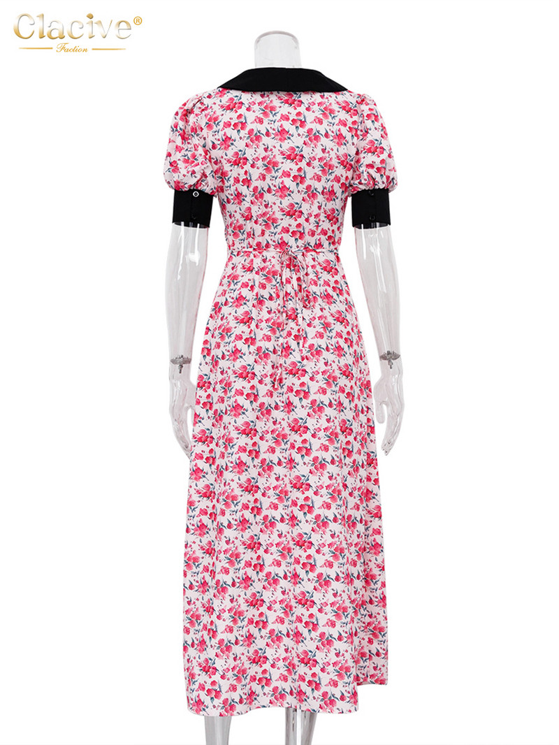 Clacive Summer Print Bodycon ruha női divat baba gallér rövid ujjú midi ruha Elegáns, magas derekú női ruhák 2023