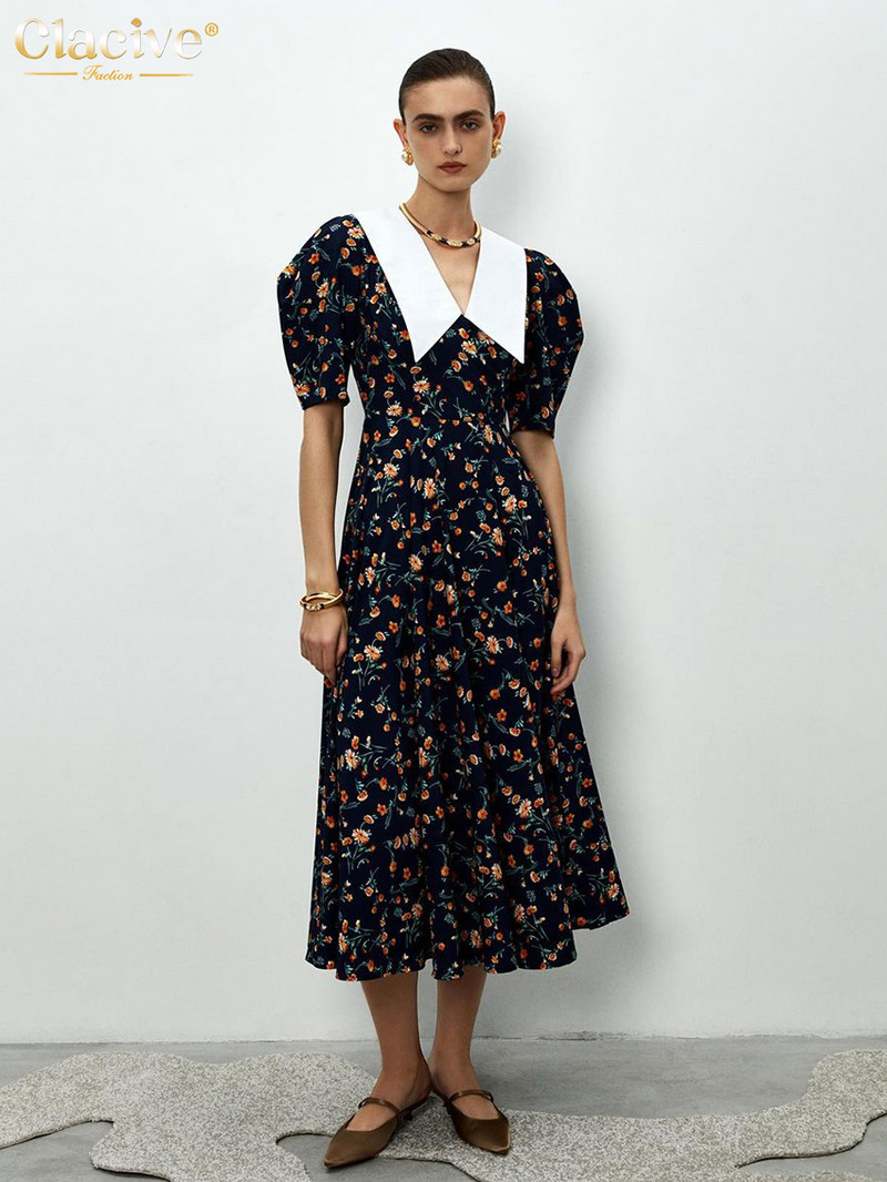 Clacive divatos virágmintás női ruhák 2023 elegáns hajtóka rövid ujjú, magas derekú irodai bokáig érő ruha női ruházat