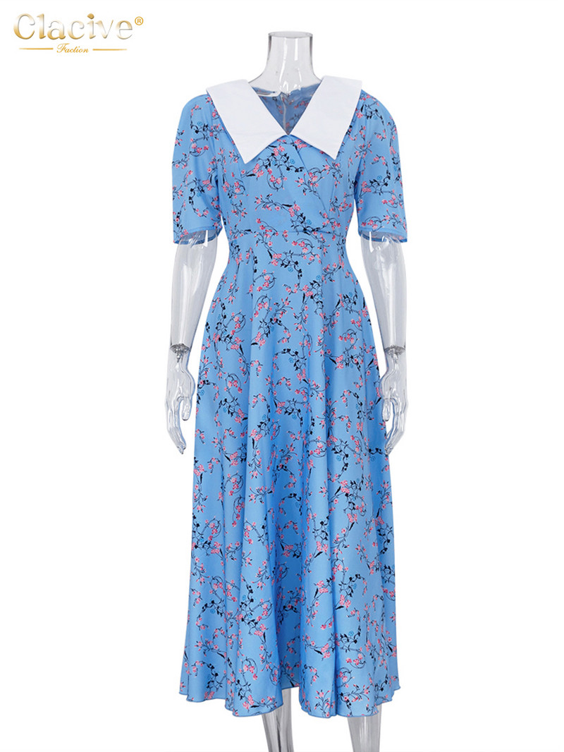 Clacive divatos virágmintás női ruhák 2023 elegáns hajtóka rövid ujjú, magas derekú irodai bokáig érő ruha női ruházat