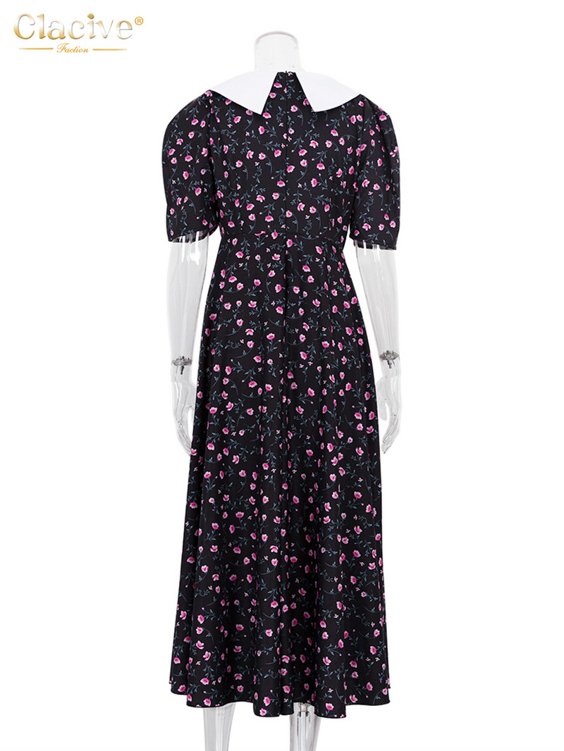 Clacive divatos virágmintás női ruhák 2023 elegáns hajtóka rövid ujjú, magas derekú irodai bokáig érő ruha női ruházat