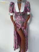 Clacive szexi, vékony nyomtatású nyári ruha alkalmi baba gallérral, rövid ujjú midi ruha Elegáns egysoros hasított parti ruhák női