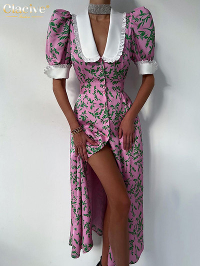 Clacive szexi, vékony nyomtatású nyári ruha alkalmi baba gallérral, rövid ujjú midi ruha Elegáns egysoros hasított parti ruhák női