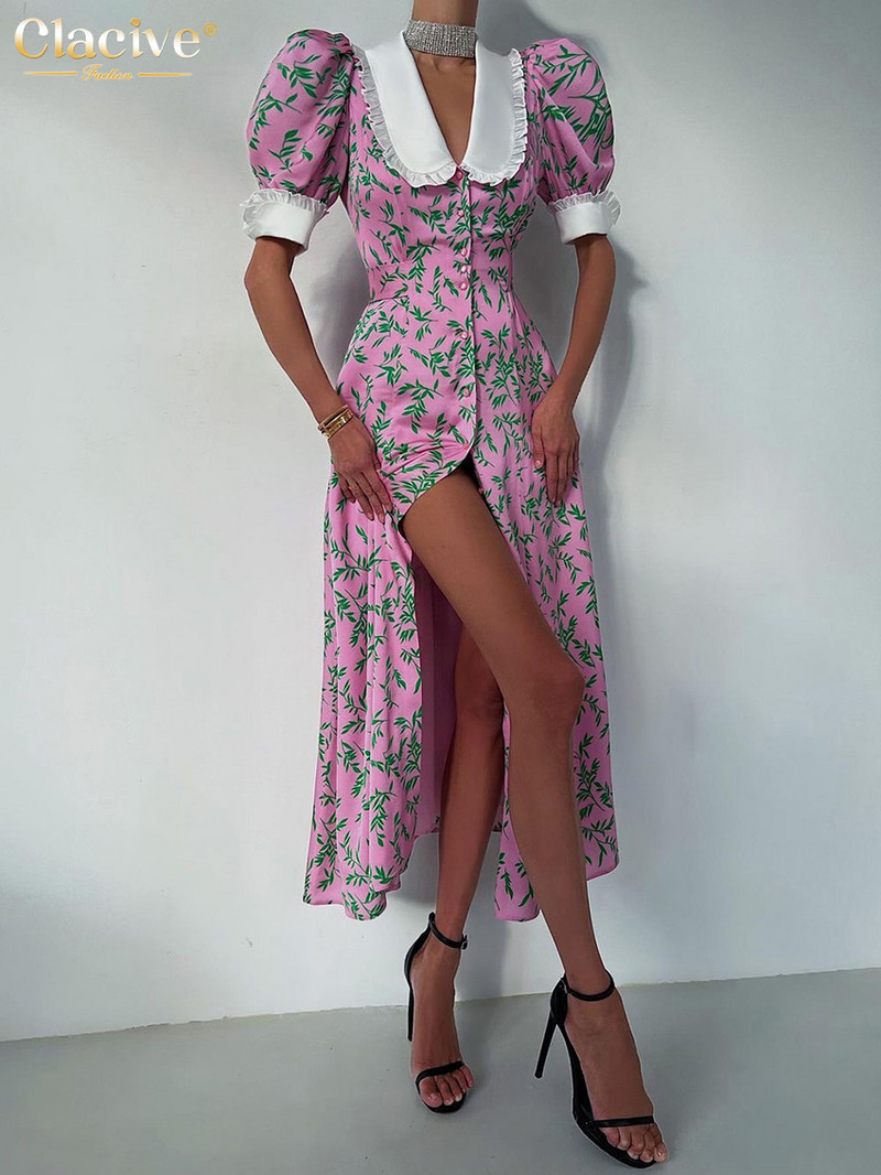 Clacive szexi, vékony nyomtatású nyári ruha alkalmi baba gallérral, rövid ujjú midi ruha Elegáns egysoros hasított parti ruhák női