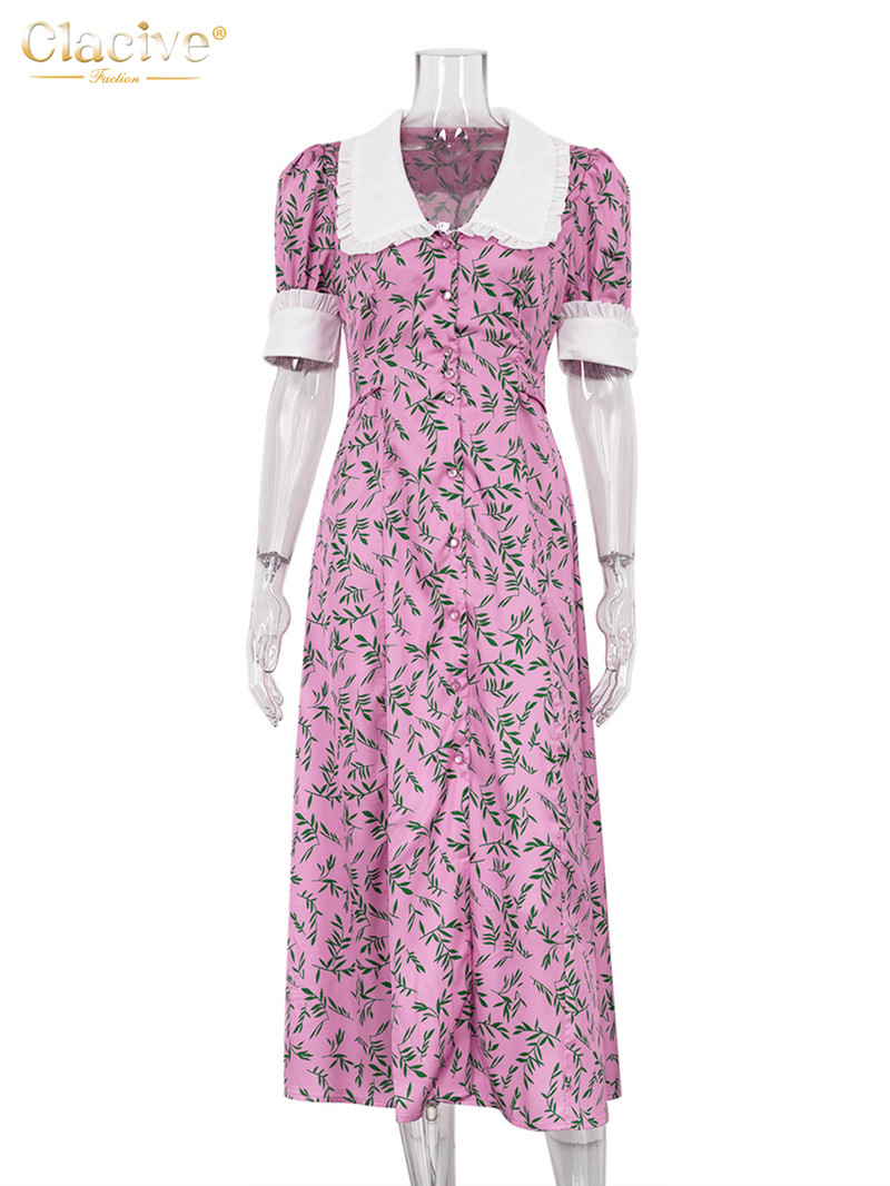 Clacive szexi, vékony nyomtatású nyári ruha alkalmi baba gallérral, rövid ujjú midi ruha Elegáns egysoros hasított parti ruhák női