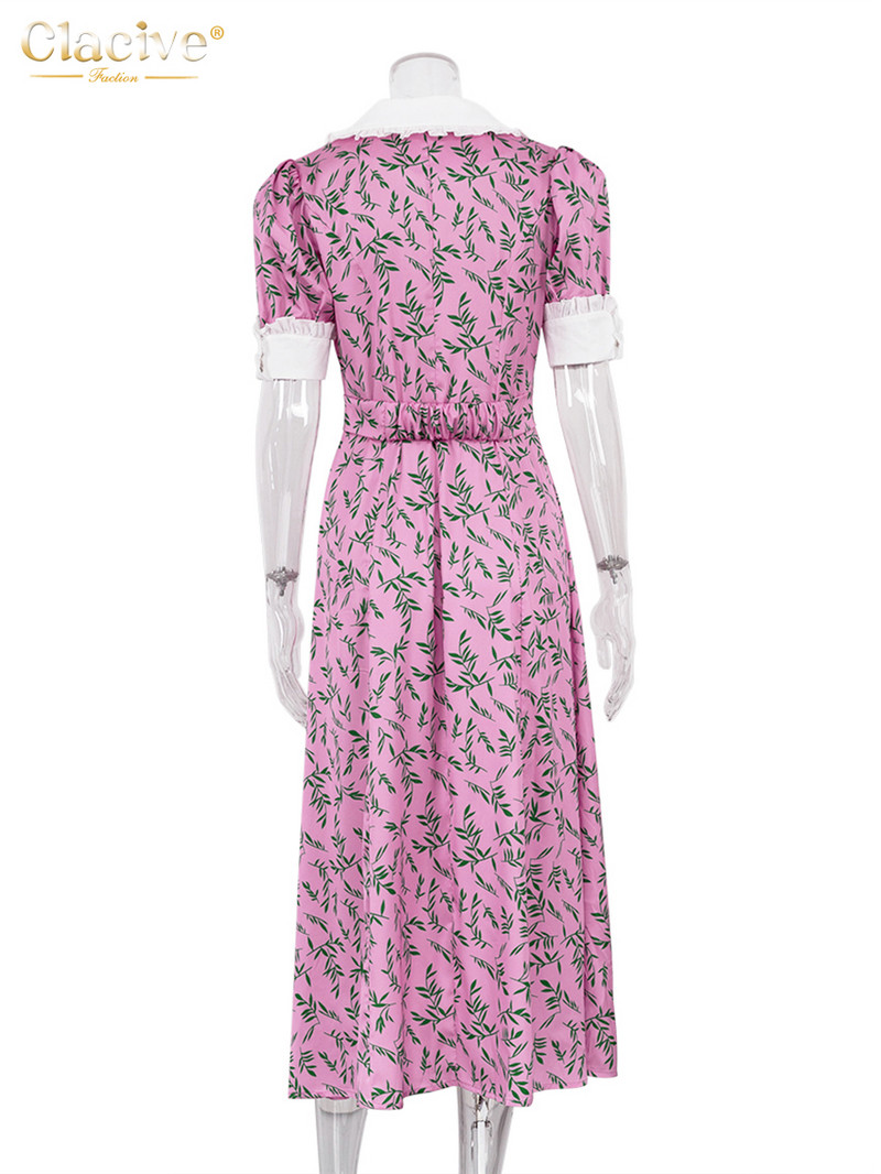 Clacive szexi, vékony nyomtatású nyári ruha alkalmi baba gallérral, rövid ujjú midi ruha Elegáns egysoros hasított parti ruhák női