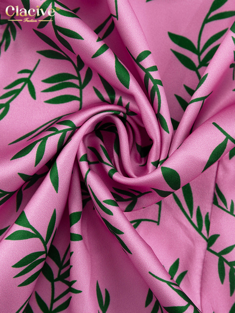 Clacive szexi, vékony nyomtatású nyári ruha alkalmi baba gallérral, rövid ujjú midi ruha Elegáns egysoros hasított parti ruhák női