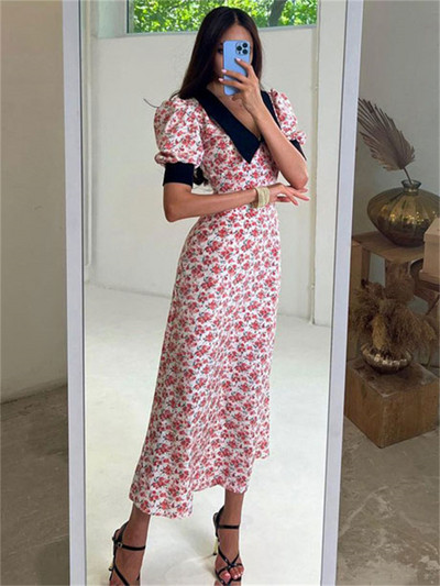 Tossy V-nyakú patchwork nyomott ruha nyári nőknek rövid ujjú divatos magas derekú parti ruha kontrasztos női maxi ruha