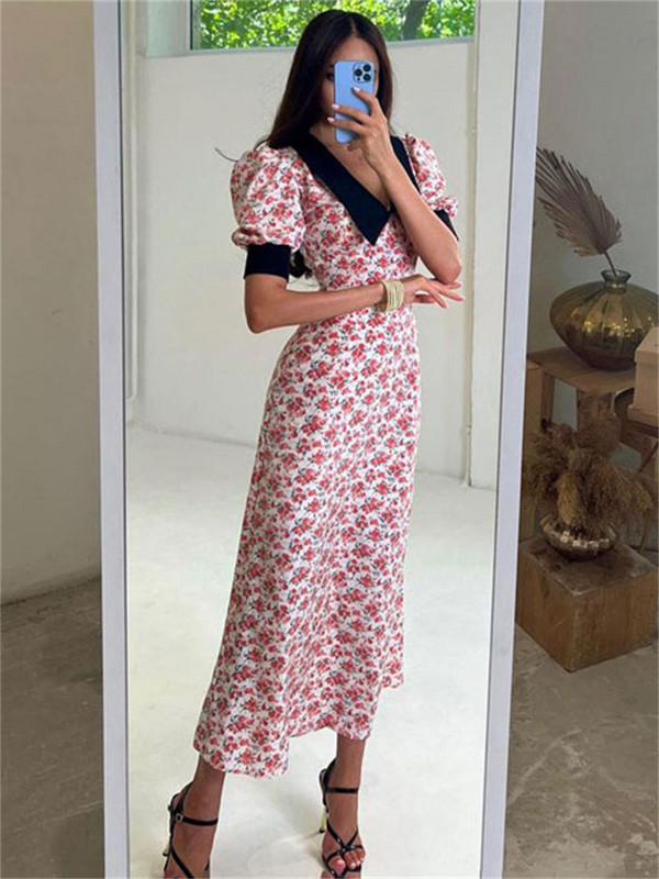 Tossy V-nyakú patchwork nyomott ruha nyári nőknek rövid ujjú divatos magas derekú parti ruha kontrasztos női maxi ruha