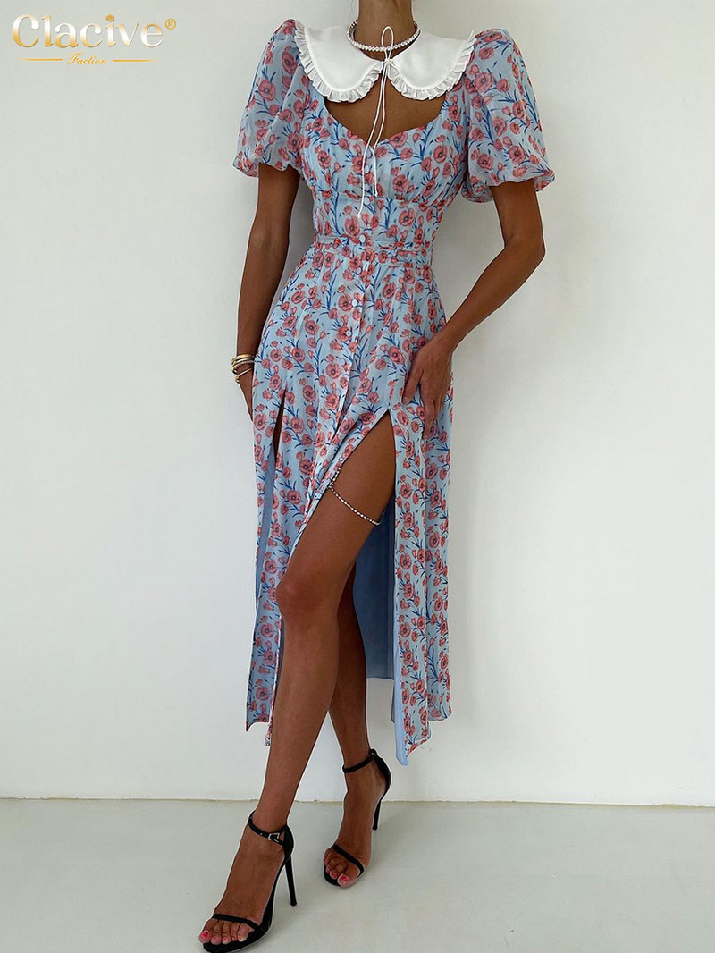 Clacive Summer Slim Print Midi Ruha Női Szexi Elegáns Baba Galléros Puff ujjú Egysoros hasított parti ruhák Női 2023