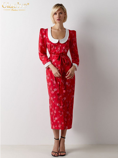 Clacive Fashion Slim Print női ruha Elegáns baba gallér hosszú ujjú irodai Midi ruhák Alkalmi, magas derekú hasított női ruha