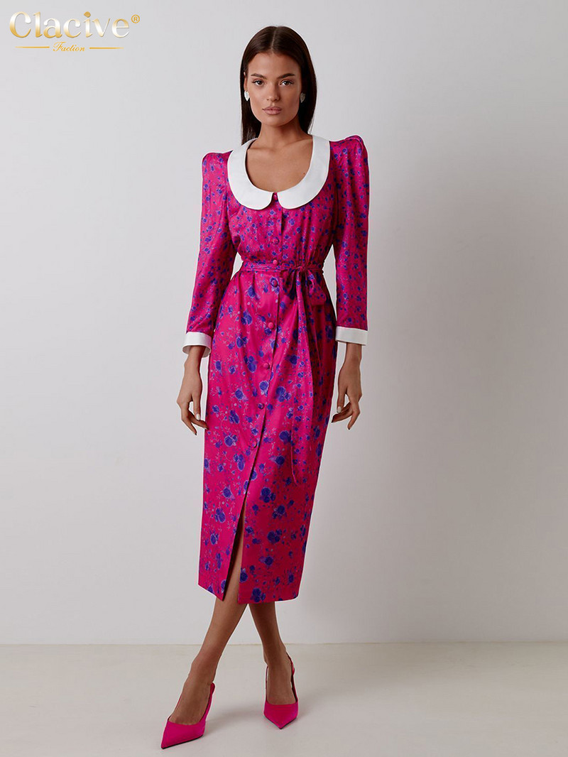 Clacive Fashion Slim Print női ruha Elegáns baba gallér hosszú ujjú irodai Midi ruhák Alkalmi, magas derekú hasított női ruha