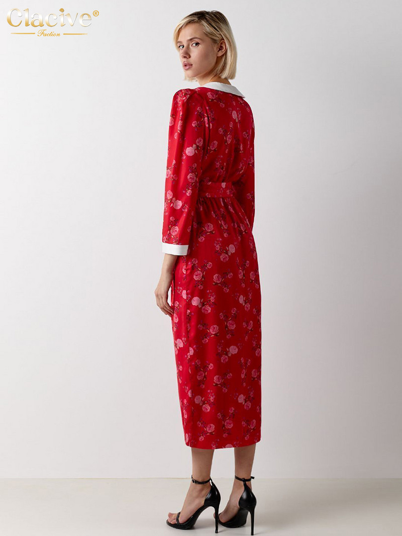 Clacive Fashion Slim Print női ruha Elegáns baba gallér hosszú ujjú irodai Midi ruhák Alkalmi, magas derekú hasított női ruha