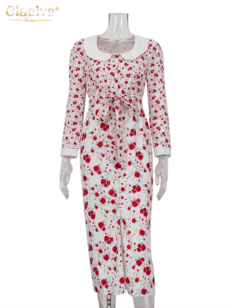 Clacive Fashion Slim Print női ruha Elegáns baba gallér hosszú ujjú irodai Midi ruhák Alkalmi, magas derekú hasított női ruha