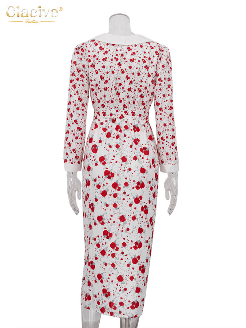 Clacive Fashion Slim Print női ruha Elegáns baba gallér hosszú ujjú irodai Midi ruhák Alkalmi, magas derekú hasított női ruha