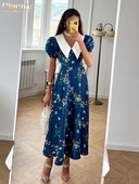 Clacive Fashion Slim Print naiste kleit, suvine rev, lühikeste varrukatega pahkluu kleidid Elegantne klassikaline kõrge vöökohaga naiste kleit