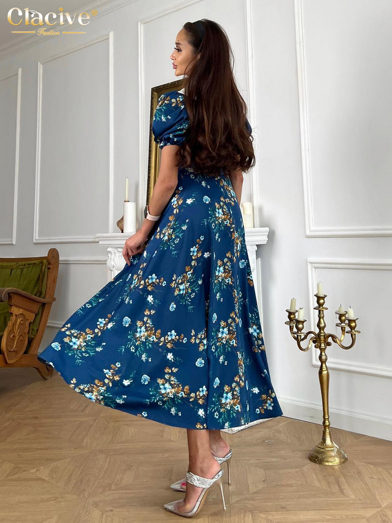 Clacive Fashion Slim Print női ruha nyári hajtóka rövid ujjú, bokáig érő ruhák Elegáns klasszikus, magas derekú női ruha
