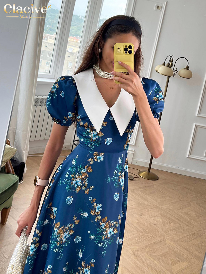 Clacive Fashion Slim Print női ruha nyári hajtóka rövid ujjú, bokáig érő ruhák Elegáns klasszikus, magas derekú női ruha