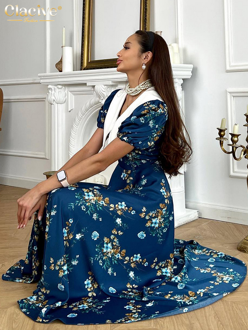 Clacive Fashion Slim Print női ruha nyári hajtóka rövid ujjú, bokáig érő ruhák Elegáns klasszikus, magas derekú női ruha