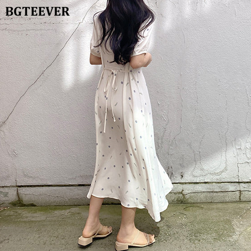 BGTEEVER alkalmi, V-nyakú, rövid ujjú női midi ruha 2021-es nyári új divat, karcsú derekú, fűzős, nyomott női ruha vestidos