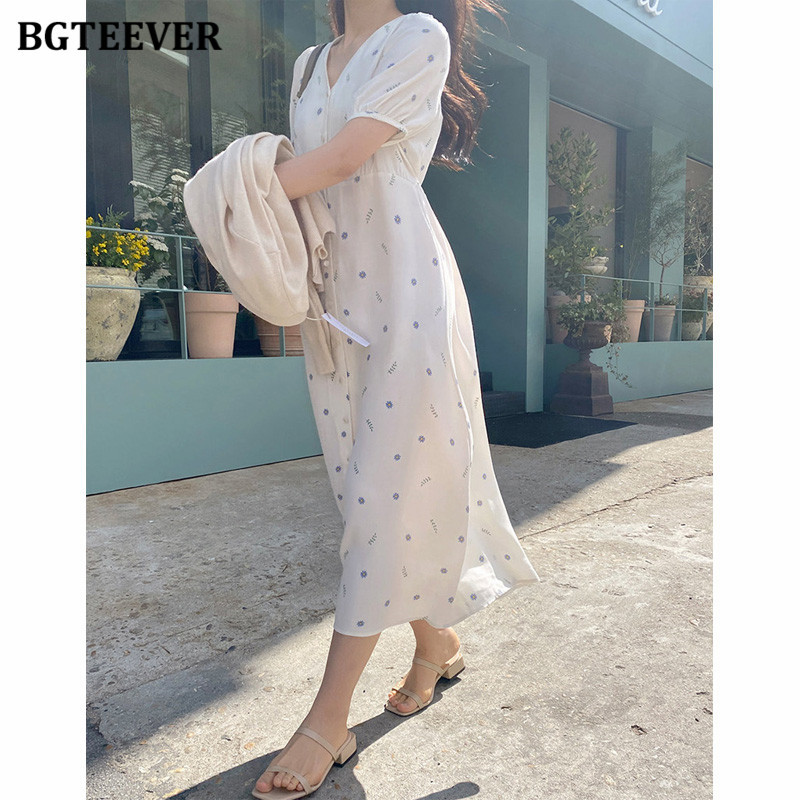 BGTEEVER alkalmi, V-nyakú, rövid ujjú női midi ruha 2021-es nyári új divat, karcsú derekú, fűzős, nyomott női ruha vestidos