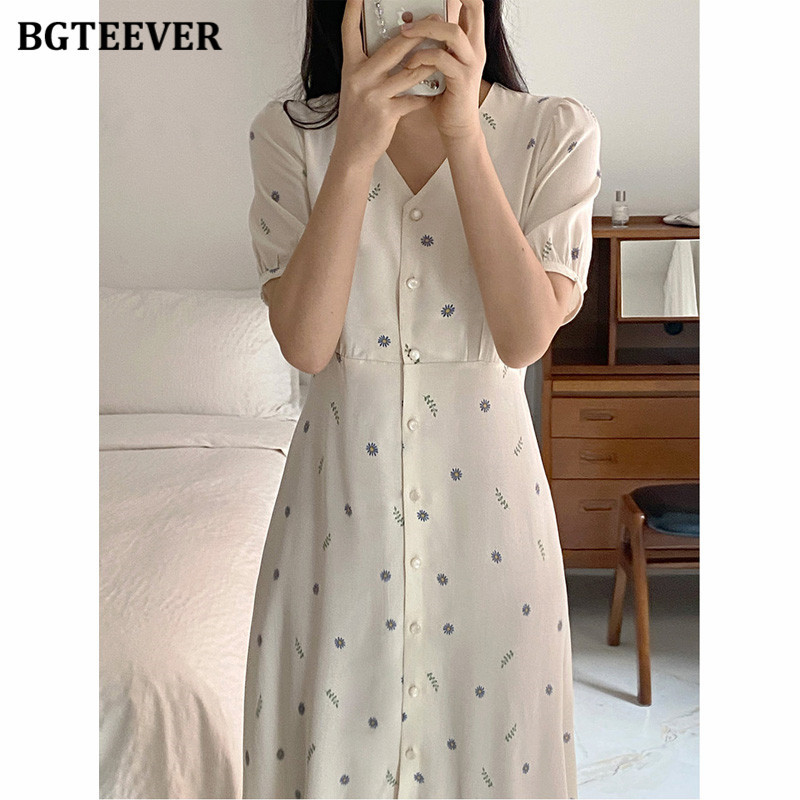 BGTEEVER alkalmi, V-nyakú, rövid ujjú női midi ruha 2021-es nyári új divat, karcsú derekú, fűzős, nyomott női ruha vestidos