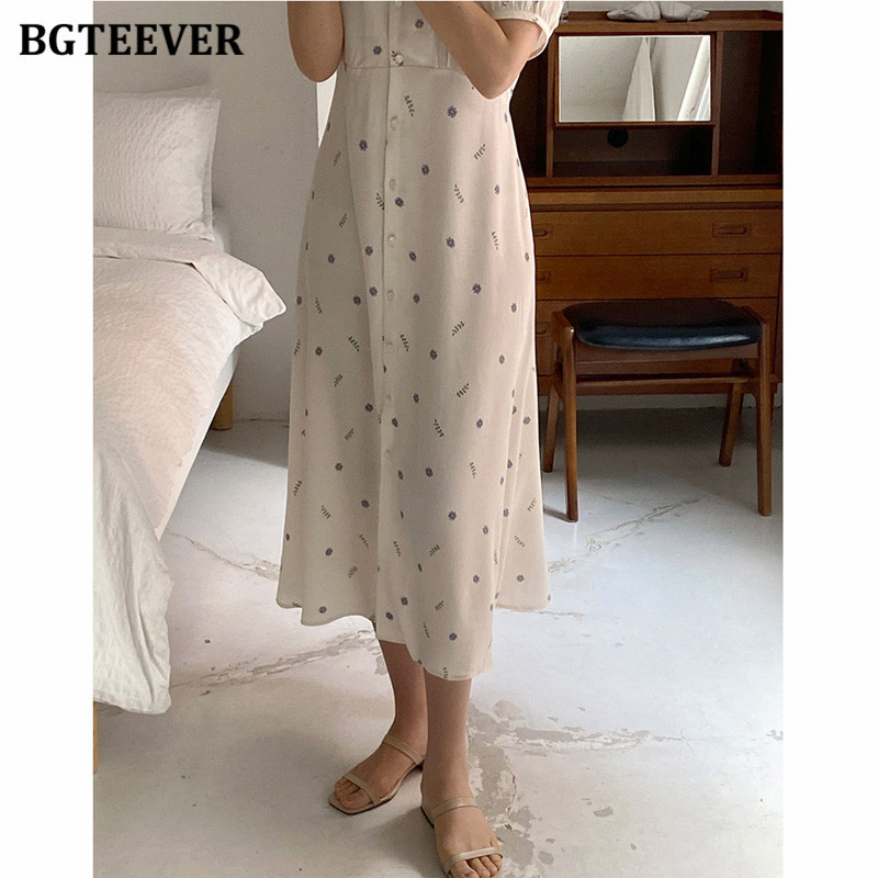 BGTEEVER alkalmi, V-nyakú, rövid ujjú női midi ruha 2021-es nyári új divat, karcsú derekú, fűzős, nyomott női ruha vestidos