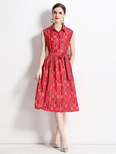 Summer Runway Fashion Letter Print Κόκκινο πουκάμισο Φόρεμα Γυναικείο Αμάνικο μονόστηθο παπιγιόν Lace Up A Line slim Midi Vestidos