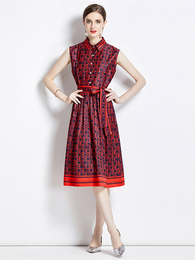 Summer Runway Fashion Letter Print Κόκκινο πουκάμισο Φόρεμα Γυναικείο Αμάνικο μονόστηθο παπιγιόν Lace Up A Line slim Midi Vestidos