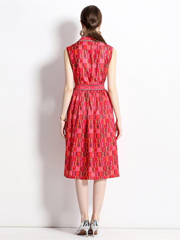 Nyári Runway divatos levélnyomat piros ing ruha, ujjatlan női, egysoros csokornyakkendő, fűzős, vékony Midi Vestidos