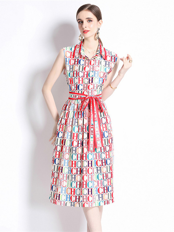 Nyári Runway divatos levélnyomat piros ing ruha, ujjatlan női, egysoros csokornyakkendő, fűzős, vékony Midi Vestidos