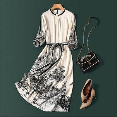 Limiguyue Vintage Print Chiffon Midi Φόρεμα Γυναικεία σε γραμμή Α Κομψή ιδιοσυγκρασία Σατέν καλοκαιρινά φορέματα Soft Party Vestidos U741