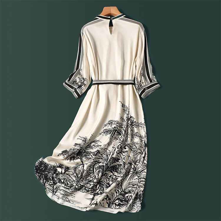 Limiguyue Vintage Print Chiffon Midi ruha Női A-vonal Elegáns Temperamentum Szatén Nyári Ruhák Puha Party Vestidos U741