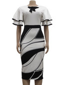 Bodycon Print Φορέματα για γυναίκες 2024 Μαύρο και άσπρο μανίκι Midi Robes Bowtie Πακέτο Hip Κομψή λεπτή εφαρμογή Φθινοπωρινό Vestido