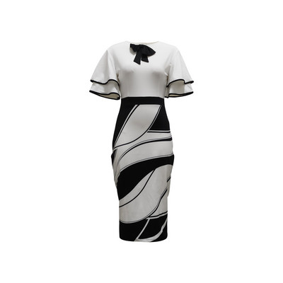 Bodycon Print Φορέματα για γυναίκες 2024 Μαύρο και άσπρο μανίκι Midi Robes Bowtie Πακέτο Hip Κομψή λεπτή εφαρμογή Φθινοπωρινό Vestido