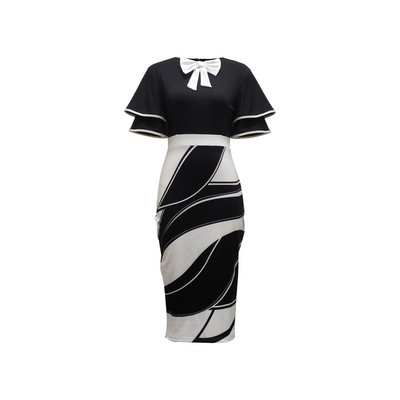 Bodycon Print Φορέματα για γυναίκες 2024 Μαύρο και άσπρο μανίκι Midi Robes Bowtie Πακέτο Hip Κομψή λεπτή εφαρμογή Φθινοπωρινό Vestido